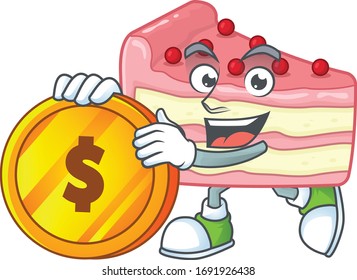 Strawberry slice cake rich cartoon character have big gold coin