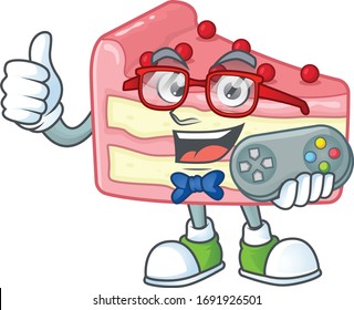 Strawberry slice cake talented gamer mascot design play game with controller