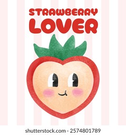 Strawberry Slice Cute Cartoon Illustration Kawaii Smiling Fruit Red Watercolor Valentine