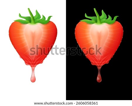 Strawberry slice with drops of fresh juice isolated on white and black. Strawberry juice flows from cut of strawberry fruit. Vector image for fresh drinks, agriculture, healthy nutrition, cooking