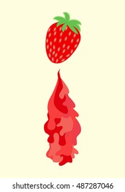 Strawberry slice with flowing juice. Vector liquid waves and splash. Healthy diet illustration, vegetarian vegan food. Fresh juicy drink, tasty berry