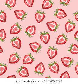 Strawberry slice on pink background seamless pattern. Vector illustration. 