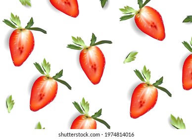 Strawberry sliced juicy poster Vector realistic. Sweet summer banner. 3d detailed illustration