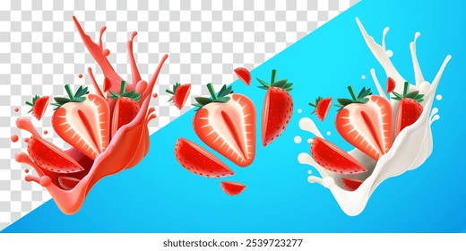 Strawberry slices with flying splash juice and fresh milk. Suitable for decoration, elements, food and drinks