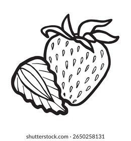 Erdbeere mit handgezeichneten Scheiben, einzelne Vektorgrafik für die Gestaltung von Lebensmitteln. Frische Gartenbeeren schwarz-weiß Skizze, Bio gesundes Essen. Sommerfrucht im Line Art Style für Kosmetik.