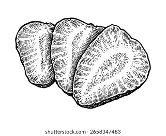 Strawberry slices. Isolated ink sketch. Hand drawn vector illustration. Vintage style.