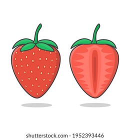 Strawberry And Slices Of Strawberry Vector Icon Illustration. Fresh Strawberry Flat Icon