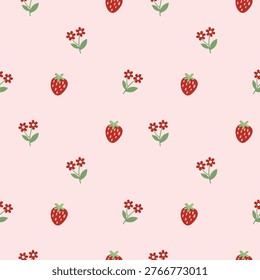Strawberry and Small Floral Seamless Pattern on Pink Background for Fabric Design
