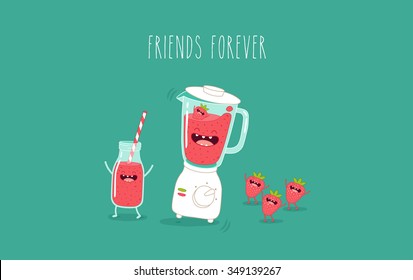 strawberry smoothie blender making. Vector illustration. Use for card, poster, banner, web design and print on t-shirt. Easy to edit.