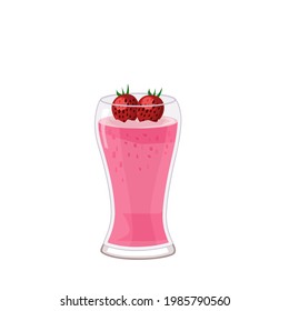 Strawberry smoothie in a clear glass. There is a strawberry fruit and a tube on top.Isolated vector illustration on a white background.