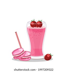 Strawberry smoothie in a clear glass.There is a strawberry fruit and a tube on top.There is a macaron on the side.Isolated vector illustration on a white background.