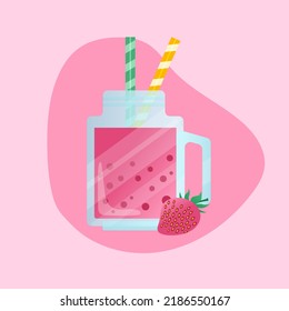 Strawberry smoothie cocktail with straws on pink background