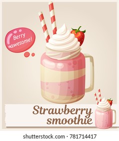 Strawberry smoothie dessert icon. Cartoon vector illustration. Traditional sweet drink in a glass jar with straws