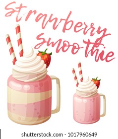 Strawberry smoothie dessert icon isolated on white background. Cartoon vector illustration. Traditional sweet drink in a glass jar with straws