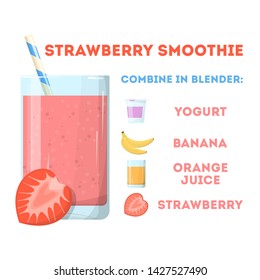 Strawberry smoothie, fresh healthy cocktail. Vegetarian organic drink in the glass. Natural beverage full of vitamin. Isolated vector illustration in cartoon style