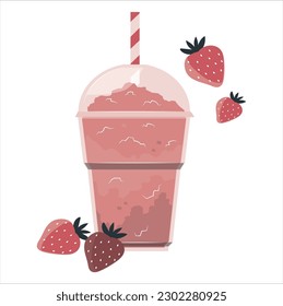 Strawberry smoothie. Glass with raspberry strawberry smoothie. Natural bio drink, healthy organic food. vector illustration in doodle style isolated on background.