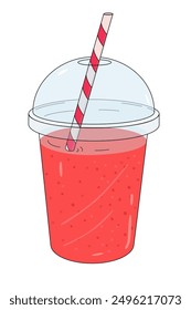 Strawberry smoothie to go, berry shake or juice with straw in transparent cup. Hand drawn vector illustration