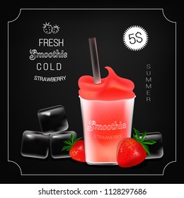 Strawberry smoothie and ice cubes on the black background. Vector illustration.