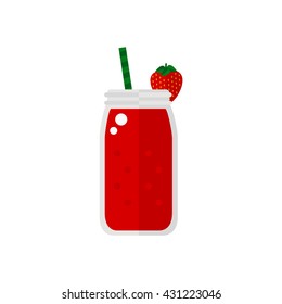 Strawberry smoothie icon isolated on white background. Jar with smoothie. Flat style vector illustration. 