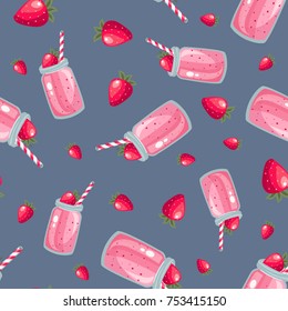 Strawberry smoothie jar with berry. 3d cute illustration vector seamless pattern.