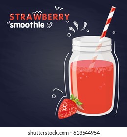 Strawberry smoothie in a jar with a straw. Vector healthy drink with strawberry fruit on blue background.
