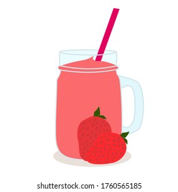 The strawberry smoothie juice in a glass cups with the strawberries on floor. A cold soft drink for summer. Healthy beverage. product advertisement