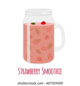 Strawberry smoothie in mason jar. Glass with vegetarian organic detox drink. Healthy nutrition, cocktail. Cartoon flat style.