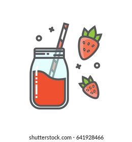 Strawberry smoothie in the mason jar outline flat icon.