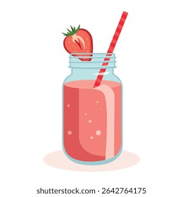 Strawberry smoothie in mason jar with straw – cute fruity summer drink vector illustration with fresh berries for kids party, holiday decor, fabric prints, seasonal designs and food-related projects