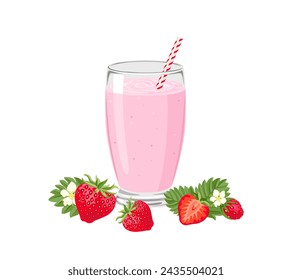 Strawberry smoothie or milkshake in glass with straw. Vector cartoon illustration.