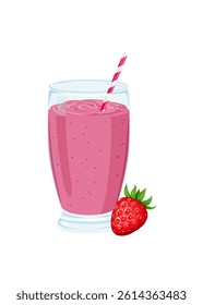 Strawberry smoothie or milkshake in glass with straw vector illustration. Stock illustration.