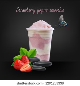 Strawberry smoothie or milkshake in jar on black background, healthy food for breakfast and snack, vector illustration.