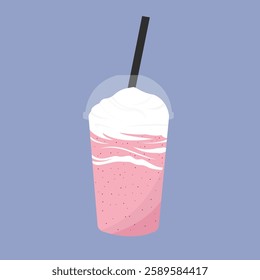 Strawberry smoothie or milkshake in plastic cup. Vector cartoon illustration.