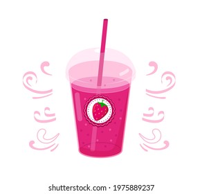 Strawberry smoothie in a plastic cup with a label. Realistic plastic glass with red juice or smoothies and  straw. Vector illustration on white background.