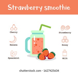 Strawberry smoothie recipe. Collection of tasty healthy drink in glass. Fruit detox beverage for breakfast. Tasty ingredient. Vector illustration in cartoon style isolated