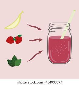 Strawberry Smoothie Recipe.  Doodle Style. Cartoon Smoothie To Go Cup With Different Fruits Smoothies Cocktail Drink. Natural Bio Drink, Healthy Organic Food. Vector Illustration In Flat Style