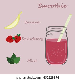 Strawberry Smoothie Recipe. Doodle Style. Cartoon To Go Cup With Different Fruits Smoothies Cocktail. Natural Bio Drink, Healthy Organic Food. Vector Illustration In Flat Style