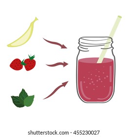 Strawberry Smoothie Recipe. Doodle Style. Cartoon To Go Cup With Different Fruits Smoothies Cocktail. Natural Bio Drink, Healthy Organic Food. Vector Illustration In Flat Style