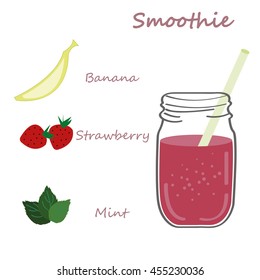 Strawberry Smoothie Recipe. Doodle Style. Cartoon To Go Cup With Different Fruits Smoothies Cocktail. Natural Bio Drink, Healthy Organic Food. Vector Illustration In Flat Style