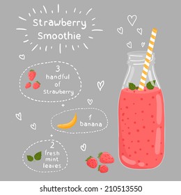 Strawberry smoothie recipe. With illustration of ingredients. Doodle style