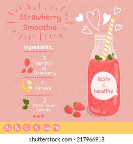 Strawberry smoothie recipe. With illustration of ingredients and vitamin. Doodle style