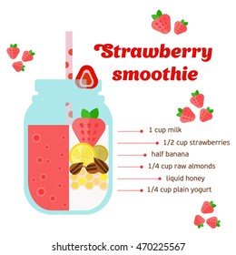 Strawberry smoothie recipe. With illustration of ingredients and vitamin. flat illustration