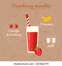 Strawberry smoothie recipe. Menu element for cafe or restaurant with energetic fresh drink. Fresh juice for healthy life.