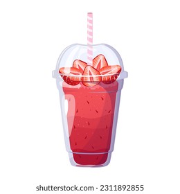 Strawberry smoothie. Summer refreshing drink with strawberry in plastic cup. Healthy food. Bar menu.