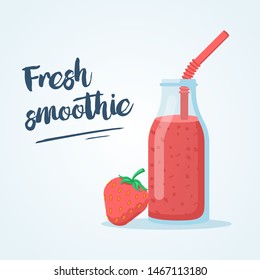 Strawberry smoothie. Template for menu or banner for healthy eating. Fresh energetic drink for healthy life. Strawberry juice in glass bottle with straws. Vector flat design. Landing page with text.