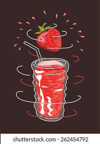 Strawberry smoothie vector concept. Design element for cafe or restaurant with energetic fresh drink. Fresh juice for healthy life. Organic raw shake. Hand drawn illustration. Rotating glass.