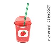 Strawberry smoothie vector illustration. Refreshing summer drink in plastic takeaway cup with dome lid, striped straw and label isolated on white background. Fruit beverage clipart for menu and cafe