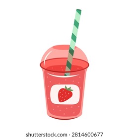 Strawberry smoothie vector illustration. Refreshing summer drink in plastic takeaway cup with dome lid, striped straw and label isolated on white background. Fruit beverage clipart for menu and cafe