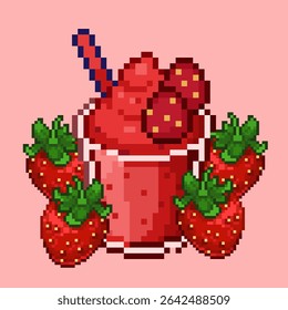 Strawberry smoothies juice in a glass with strawberry fruit on top and with red straw that so sweet and refreshing to drink vector pixel art for game, icon, element, sticker, advertising