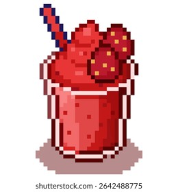 Strawberry smoothies juice in a glass with strawberry fruit on top and with red straw that so sweet and refreshing to drink vector pixel art for game, icon, element, sticker, advertising